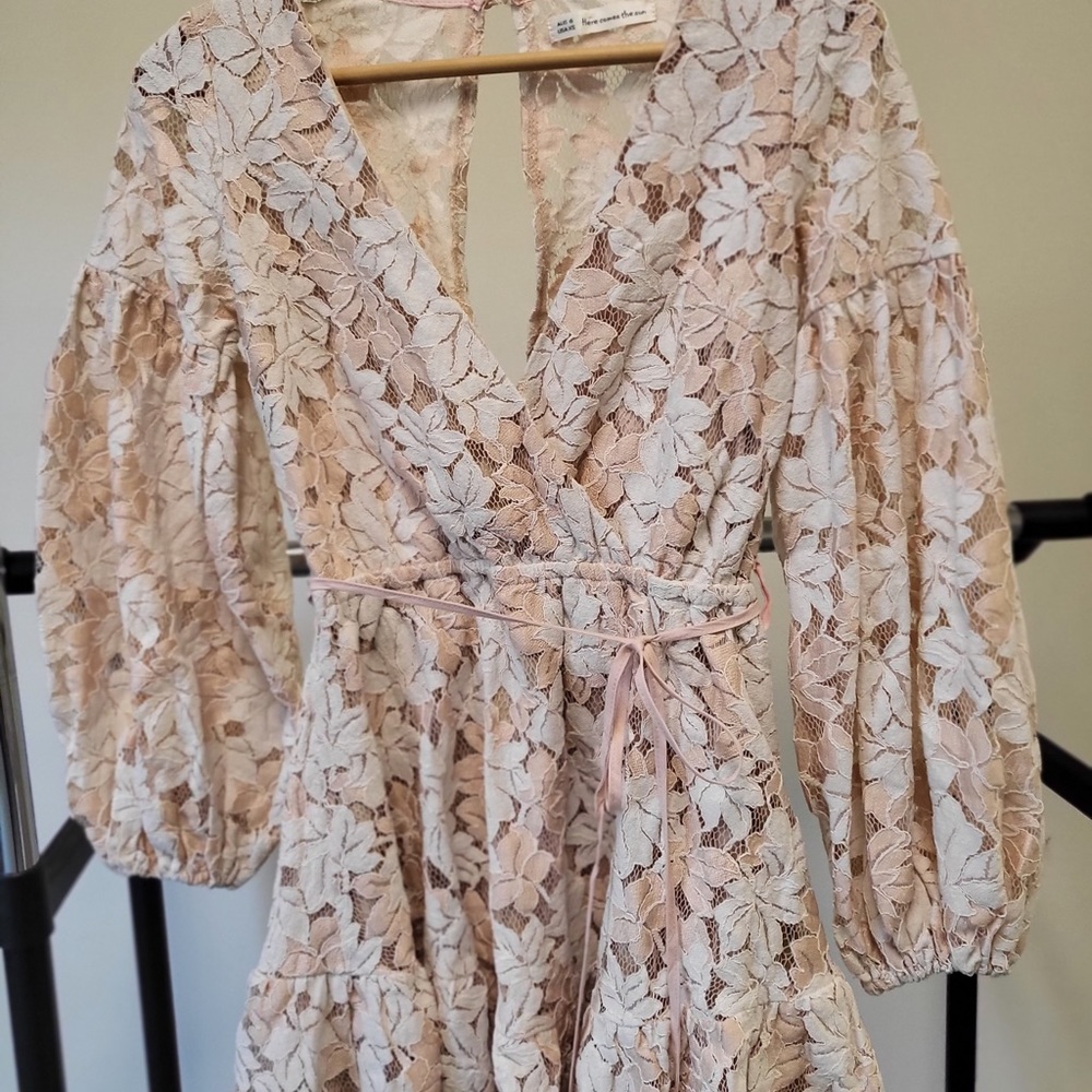 Lace Blush and White Long Sleeve Lined Dress Slit Back
